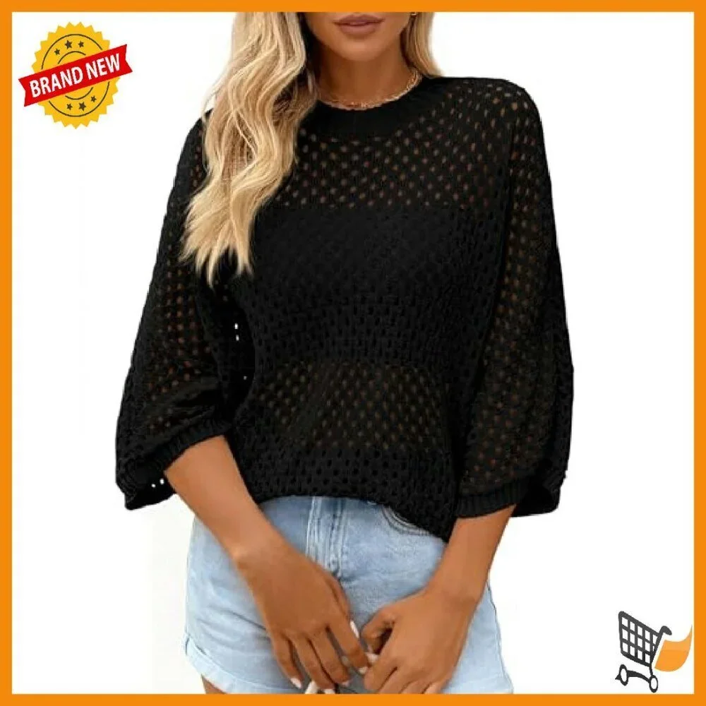 Crochet Hollow Out Batwing Sleeve Summer Pullover Sweater